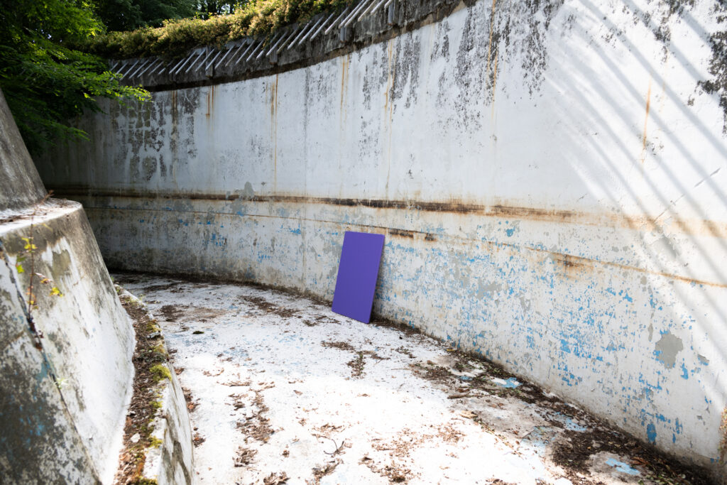 Lene Markusen, Props for Rituals of Mourning (2025): Eine lila Platte lehnt an einer abgeblätterten, weiß gestrichenen Wand in einem leerstehenden, runden Außengehege des Bärenzwingers mit Naturbewuchs am oberen Rand. Zu sehen ist der ehemalige Wassergraben, der jetzt leer steht.